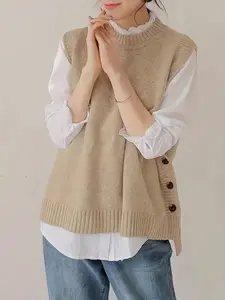 Plus Size Women's Solid Color Round Neck Sleeveless Knit Sweater Vest with Side Button Detail, Casual Fashion Chic Oversized Loose Fit Pullover Top, Spring Fall Wear, Daily Clothing