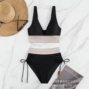 Women High Waisted Bikini Sets Tummy Control Swimsuits Color Block 2 Piece Drawstring Bathing Suit Modest Swimming Wear FathersDayGift