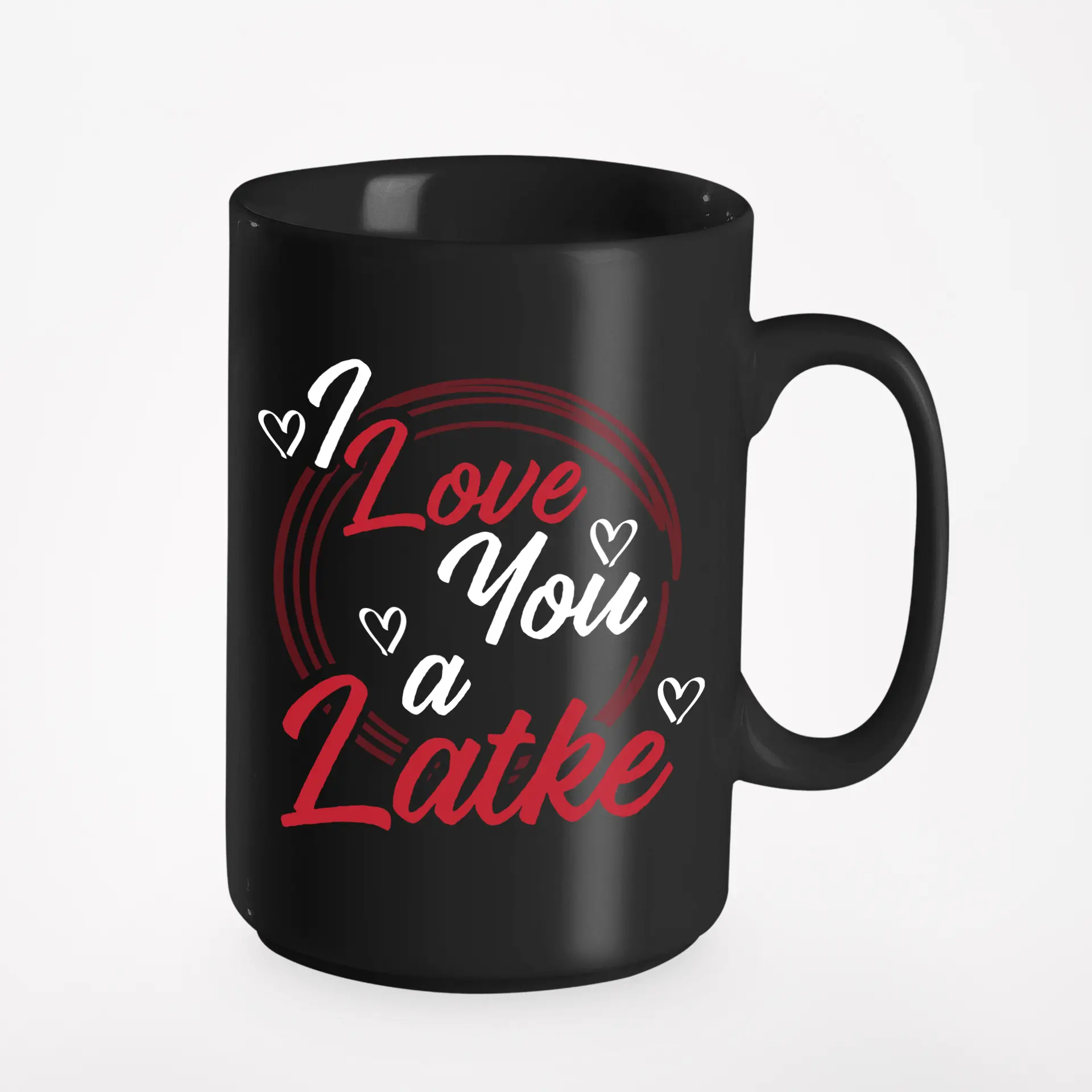 I Love You A Latke. Traditional Hanukkah Dishes Themed Pun Humor, Black 15oz Ceramic Mug