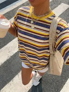 Women's Striped Loose Fit T-Shirt, Short Sleeve Round Neck Digital Print Top, Casual Comfortable Daily Wear, Summer Fashion Basic Tee, Casual Summer Tees