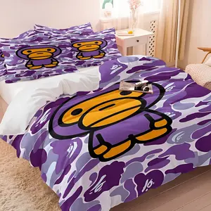 Cartoon Camo Duvet Cover Set, 1 Duvet Cover and 1-2 Pillowcases, Large Cartoon Monkey & ABC Purple Camouflage Pattern, Soft Comfortable, Unique Trendy Bedroom Decor, Gift for Streetwear Enthusiasts, Soft Bedding Set