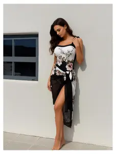 Women's Tankini Swimsuit Set - Floral Beachwear Two Piece - Black & White Rose Print - Swimsuit with Skirt -  Spring & Swimming