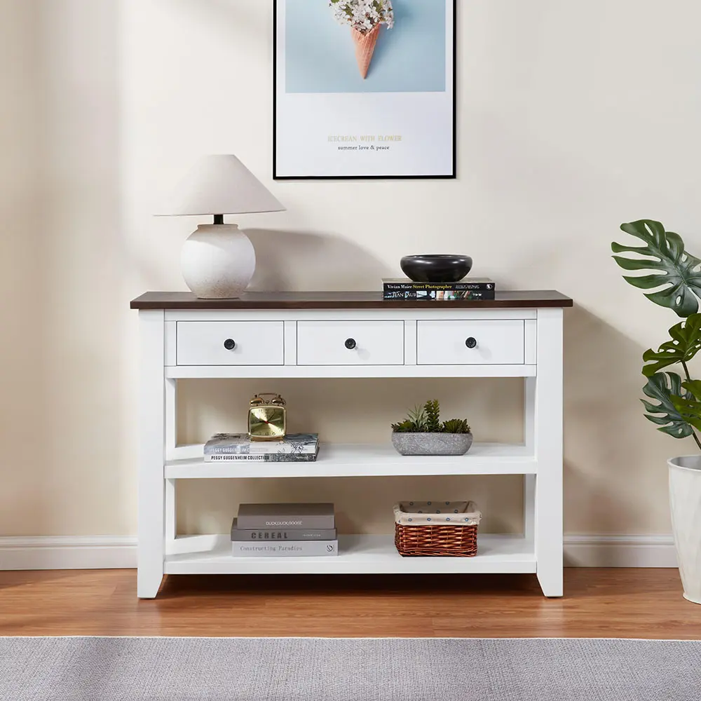 Retro Design Console Table with Two Open Shelves, Pine Solid Wood Frame and Legs for Living Room,Brown+White