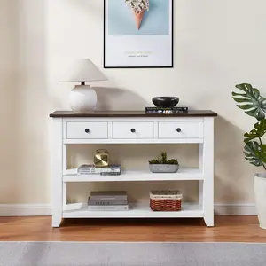 Retro Design Console Table with Two Open Shelves, Pine Solid Wood Frame and Legs for Living Room,Brown+White