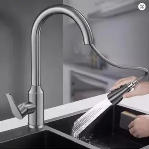 304 Stainless Steel Kitchen Faucet, Pull-Out Spray Head, Deck-Mounted Mixer, Hot & Cold Water Taps, Durable Design for Modern Kitchens