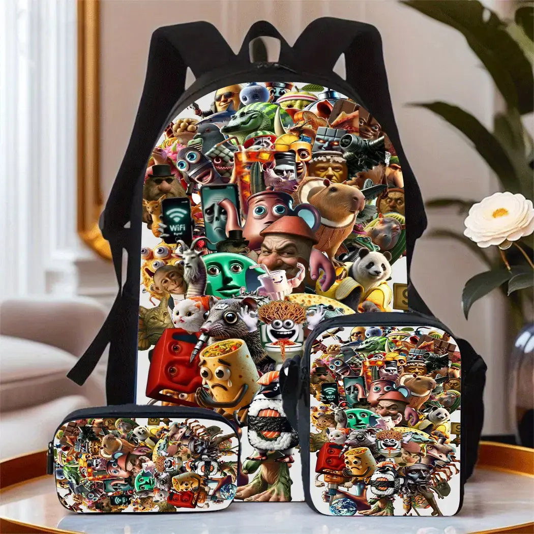 3-Piece Backpack Set, Brainrot Style Water-Repellent Oxford with Laptop Compartment, Lightweight for Work, Sports & Everyday Carry