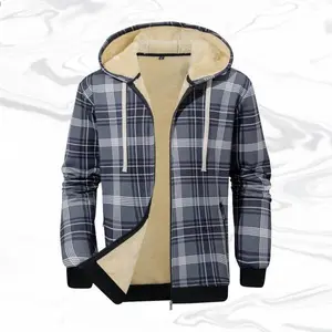 Men’s plaid hooded wool jacket with a retro casual style, an adjustable drawstring hood, a classic plaid pattern, soft wool lining, and a smooth zipper—perfect for everyday wear. Plaid gray long-sleeved top GARMENTARY