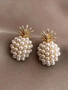 Cute Pineapple Pearl Earrings for Women Pearl Embellished Golden Plated 3D Fruit Stud Earrings Elegant Summer Vacation Jewelry Gift