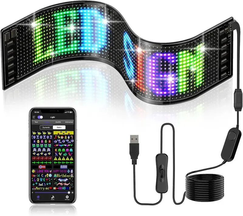 Thin LED Digital Scrolling Matrix Panel Car Decorative Lights - Bluetooth App Control, DIY Programmable, 5V2A USB Plug-in Powered, for Cars/SUVs/Trucks, Decoration, Restaurants, Bars, Colorful Lights