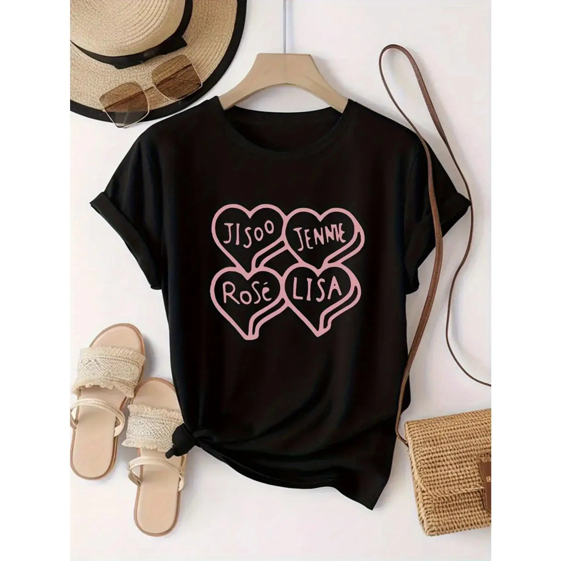 Women's Black Cotton T-Shirt with Pink Heart & JISOO TENNE ROSE LISA Graphic Print - Loose Fit Round Neck Short Sleeve Casual Summer Tee for Daily Wea