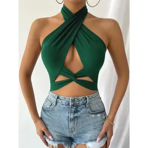 Twist Front Cut Out Crop Halter Top, Going Out Top women tops