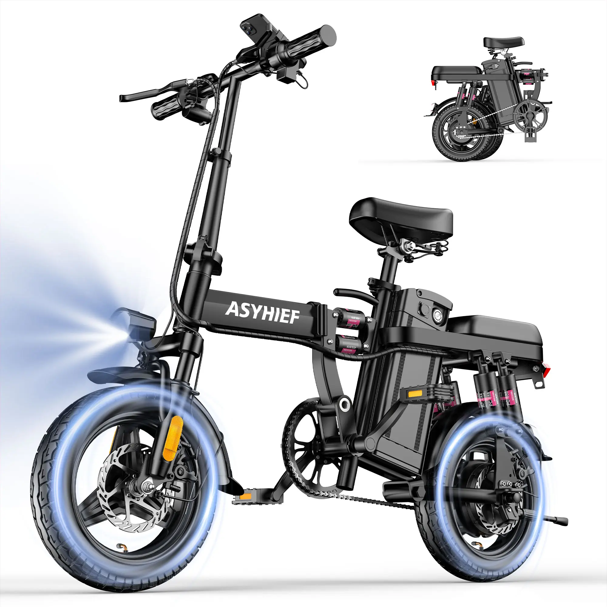 ASYHIEF A10 14-Inch Foldable Adult Electric Bike, 1500W Peak Power, 25MPH Max Speed, 48V 10AH Detachable Battery, IPX65 Waterproof, 8s Quick Fold for Car Trunk, 20° Climb Slope, 20-35 Mi Range, City Commuter Mini E-Bicycle