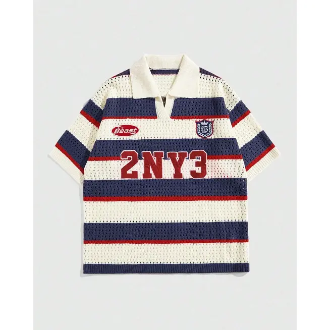 Unisex Knitwear Letter Striped Jacquard Knit Short Sleeve Polo