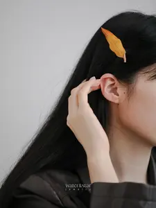 Leather Golden Leaf Hair Clip - Woodland Hair Accessory, Autumn Hair Clip, yellow Barrettes, Whimsical Hair Pin, Nature Lover Headpiece
