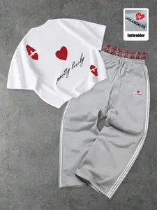 Men's Short Sleeve Cotton Set with Fake Two-Piece Waistband Sports Pants, Y2K Fashion Loose Fit, Spring & Fall, Track Set, Athleisure Sportswear Set