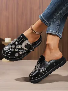 Fashion Studded Heeled Oxford Shoes, Valentine's Day Style, Thick Sole Mules, Trendy Women's Footwear, Comfortable and Stylish