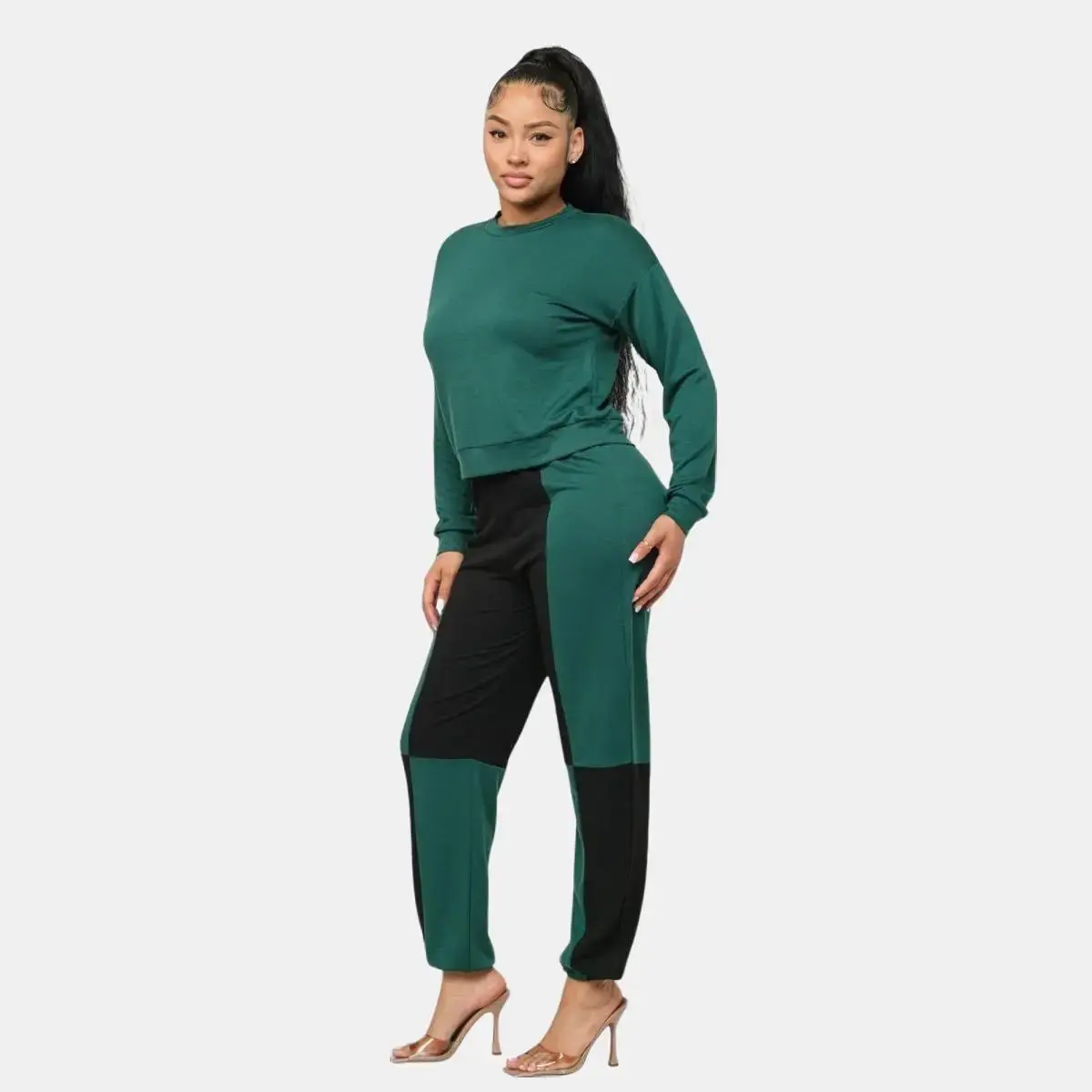 Lisa solid long sleeve top and color block pants set