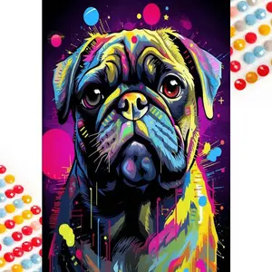 5D DIY Full Drill Round Diamond Painting - Diamond Art Kit Colorful Pug Mosaic, Canvas - DIY Decorative Painting, Home Wall Decoration, Suitable for Halloween, Christmas, Birthday and Anniversary Gifts, Diamond Painting Kits
