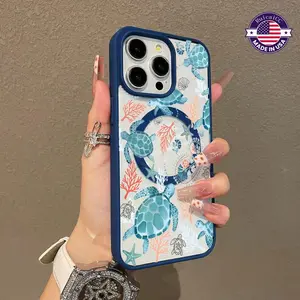 Premium Magnetic Case Compatible with iPhone 16 Pro Max 15 Plus 14 13 12 11 Ocean Sea Turtle Seagrass Pattern Durable Magnetic Grip Shockproof Anti-Scratch Non-Yellowing Transparent Colorful border Protective Cellphone Case