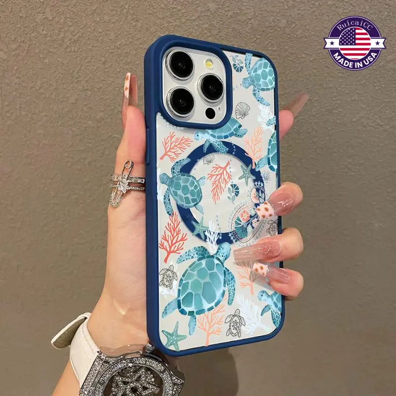Customized TPU Magnetic Smartphone Case for iPhone 16 Pro Max,15 Plus,14,13,12,11 - Aesthetic Ocean Sea Turtle Seagrass Pattern, Durable Grip, Shockproof, Anti-Scratch, Non-Yellowing, Transparent with Colorful Border, Protective Mobile Accessory