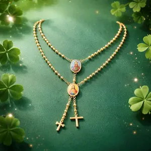 Rosario Fino y Delicado Laminado Ideal para Uso Diario Gold Beaded Necklace with Jesus Image and Cross Pendant