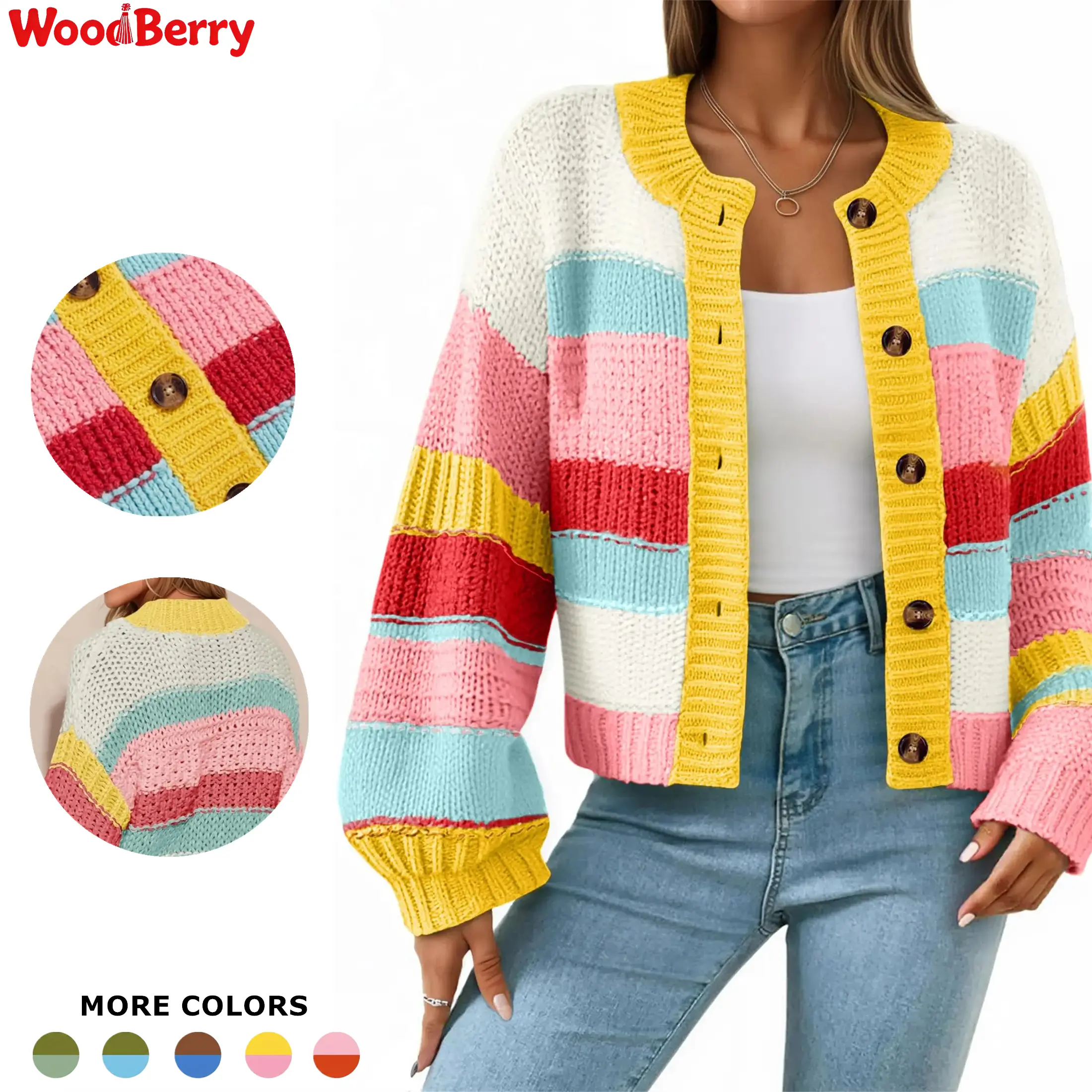 WoodBerry Women's Striped Chunky Button-Up Color Block Long-Sleeve Knitting Cardigan, Casual Streetwear Open Front Top (Cardigan for Women)