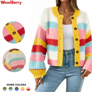 WoodBerry Women's Striped Chunky Button-Up Color Block Long-Sleeve Casual Knit Cardigan Sweater Coat
