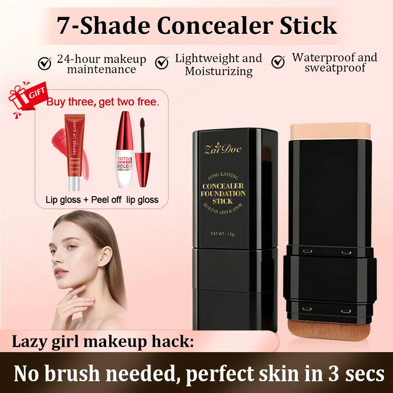 Zaidoc 7-color Dual -Ended Foundation Concealer Stick, Dual-ended with Built-in Brush, Moisturizing & Lightweight.