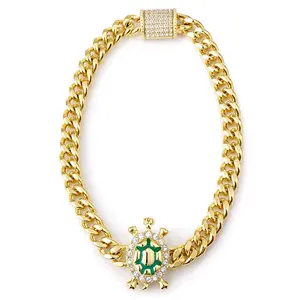 14K Gold Plated Cuban Link Bracelet 7.5” with Turtle Design & Lobster Clasp | Elegant CZ Detail