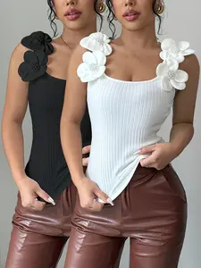 Women's Casual Fitted Sleeveless Crop Top Set, Y2K Style Floral Design, Casual Summer, XS-Xl Sizes, Perfect for Daily Wear & Parties