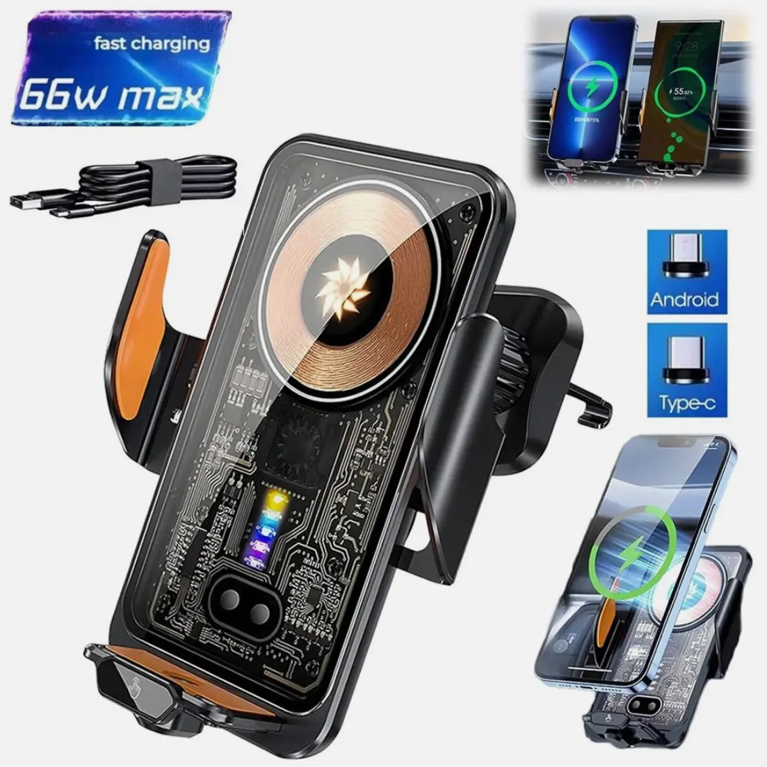 66W Fast Wireless Smartphone Car Charger with Automatic Clamping Mount, Air Vent Phone Holder, 360° Adjustable Viewing & Qi-Enabled Compatibility, Wireless Charging Accessory