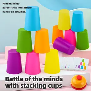 Fun Speed Stack Cup Competition Board Game for Kids, Family Fun Game, 54 Cards + 6 Color Soft Cups + Answer Bell, Easy to Play, Anti-Slip Material