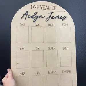 Natural Wood One Year Baby Picture Board with Acrylic Nameplate - Home Decor Plaque & Keepsake Gift