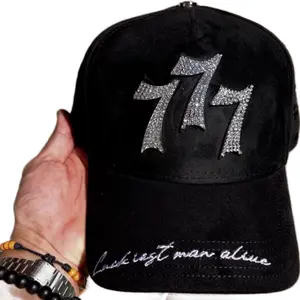 777 Brand Black Hat with Rhinestone Embroidery and "Luckiest Man Alive" Slogan