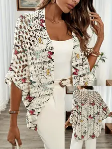 New Summer Autumn Colorful Butterfly Print Hollow Out Knit Cardigan, Loose Fit Versatile Sun Protection Outerwear Shawl for Women