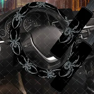 3Pcs/Set Crystal Spider Car Interior Set, Shiny Style, Includes Steering Wheel Cover, Car Seat Belt Cover, No Inner Ring, Vehicle Interior Upgrade, Durable Material, Multi-Part Set, For Women, Car Enthusiasts, Gift For Drivers.11.27QWA-655@656