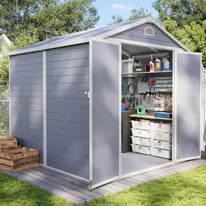 【2 Packages Shipping】Aoxun  Resin Storage Shed Outdoor Plastic Large Garden Shed with Lockable Door, Floor for Backyard, Garden, Patio, Lawn, Grey