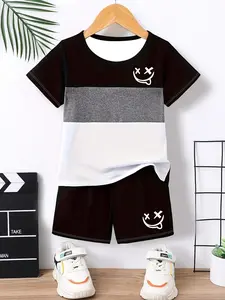 Trendy Smiley Colorblock Set, Outfit Sets, Summer, Patchwork Short Sleeve Shorts, Unlock Street Youth Style, Casual Fitted, Boys, Summer Clothing Set