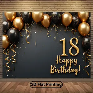 2D Flat Banner , Black And Golden Balloon Background for 18Th Birthday Party Decoration, Perfect for Anniversary And Celebration, Polyester Photography Background Cloth Props