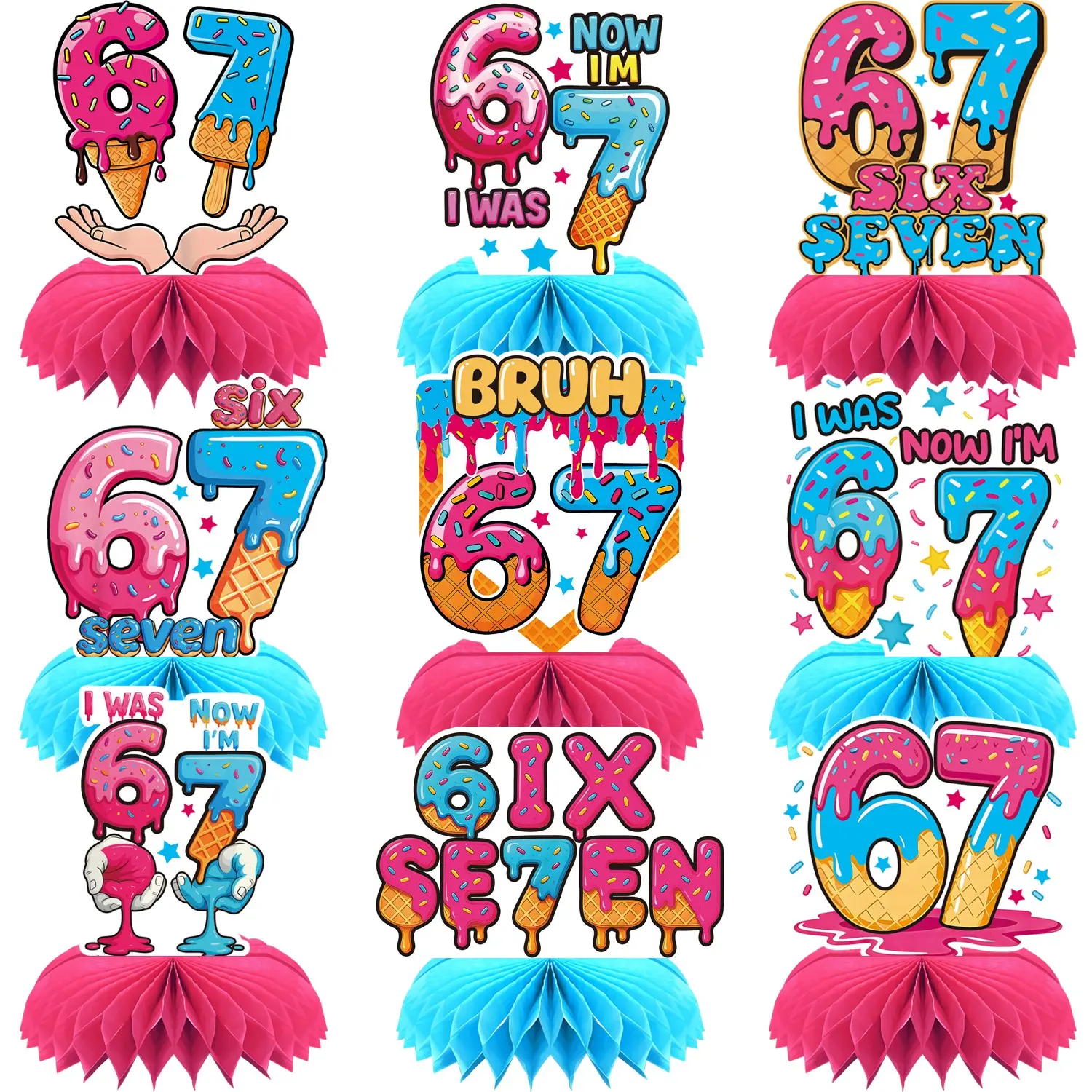 9Pcs 67 Ice Cream Honeycomb Table Centerpieces Table Decorations, 6 7 Birthday Decorations, 67 Meme Themed Birthday Decorations Set, Birthday Party Decoration Supplies, Party Accessory, Six Seven Bruh" Funny Gen Z Alpha Slang Tabletop Decoration