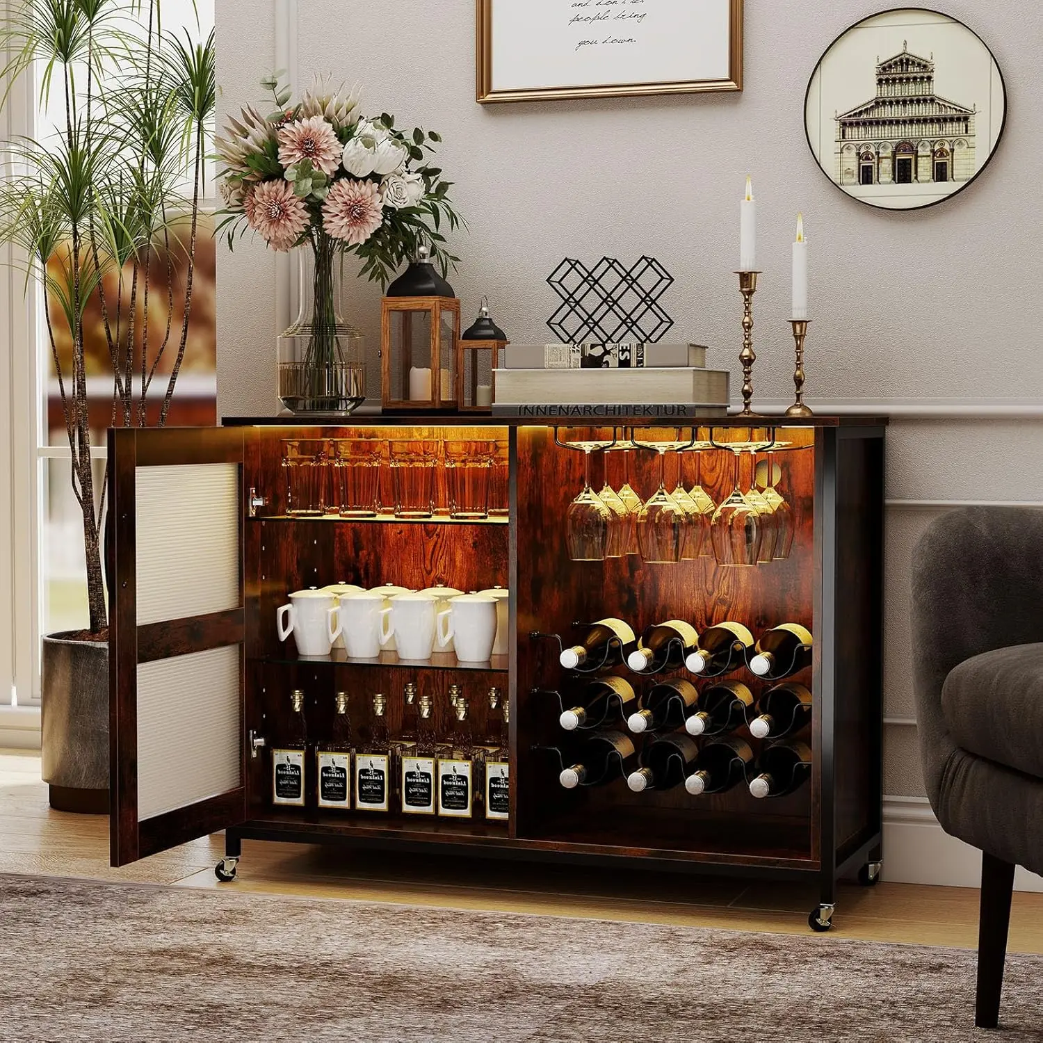 COSTWAY Wine Bar Cabinet with LED Light, Kitchen Buffet Sideboard w/Adjustable Shelves, Glass & Bottle Racks, Industrial Liquor Cabinet with Wheels for Dining Room Living Room (Rustic Brown)