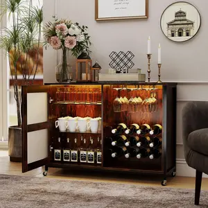 COSTWAY Wine Bar Cabinet with LED Light, Kitchen Buffet Sideboard w/Adjustable Shelves, Glass & Bottle Racks, Industrial Liquor Cabinet with Wheels for Dining Room Living Room (Rustic Brown)