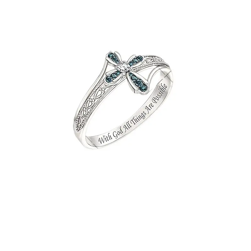1 Pc Unisex Elegant Glittering Blue Zircon Cross Flower Artificial Gemstone Ring, Multi-Size Fashion Accessory, Costume Jewelry,