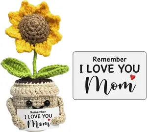 Birthday Gifts for Mom - Remember I Love You Card, Handmade Crochet Sunflower Planter - Cute Mother's Day Present for Her from Daughter, Son - Small Knitted Flower Pot Decor