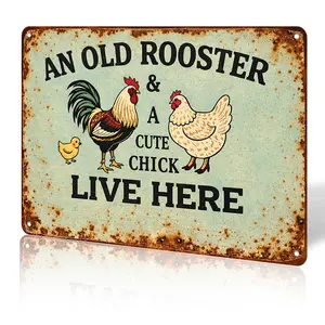 Vintage Old Rooster & Cute Chick Aluminum Farm Sign (8x12 in) - Weather-Resistant, Fade-Proof Print, Aluminium Mount Compatible, Farmhouse Charm for Backyard, Kitchen Home Decor Plaques