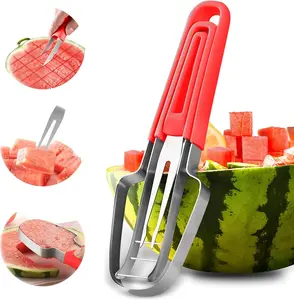 3Pcs/Set Watermelon Slicer - 3-in-1 Fork Slicer & Popsicle Maker & Fork, Stainless Steel Multi Melon Cutter for Camping & Kitchen (Red)