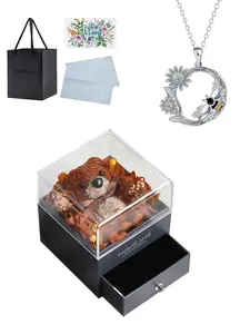 "Bee Blossom Moon Link" Exclusive nature-style bee & flower gem necklace, with preserved rose moss bear box. Ideal mystery gift for dates, birthdays and Valentine's Day for wife and daughter.
