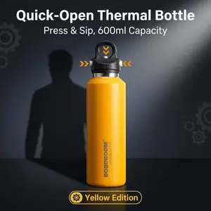 BOBOROOM Quick-Open Thermal Bottle Press & Sip 600ml Capacity Yellow Edition Stainless Steel Insulated Cup Large Capacity Reusable Washable Drinkware Portable Mug Tumbler Bottled Bottled