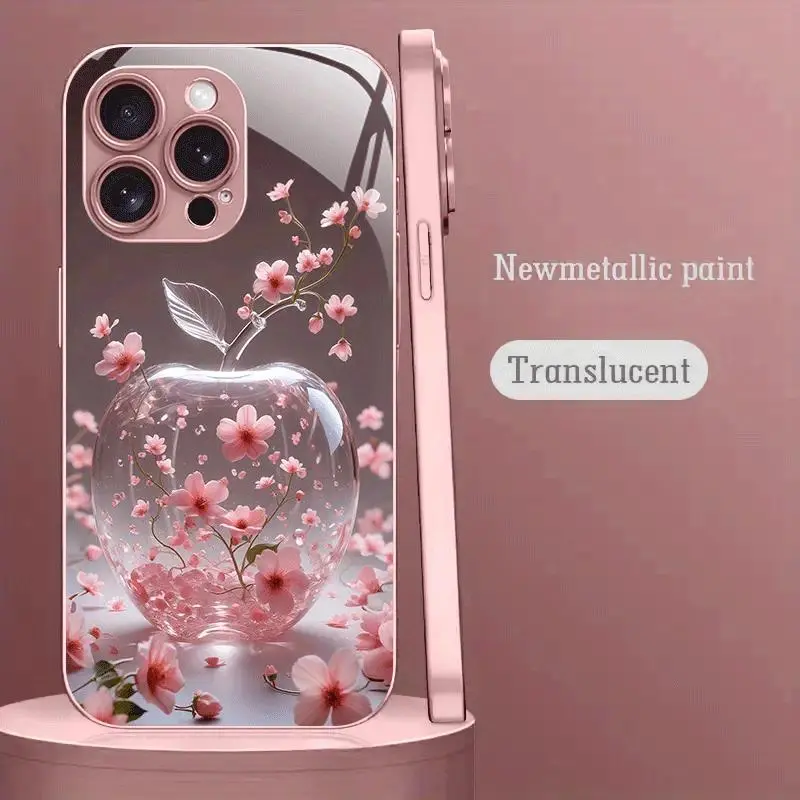 Cherry Blossom & Apple Pattern Pink Metallic Tempered Glass Hard Smartphone Case for iPhone 17/16/15/14/13/12 Pro Casing Translucent Newmetallic Paint