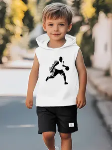 Boys Summer Hooded Design Sleeveless Set, Basketball Sports Cartoon Print, Fashion Casual Two-Piece Vest Shorts Set, Kids Daily School Play Weekend, Active Children